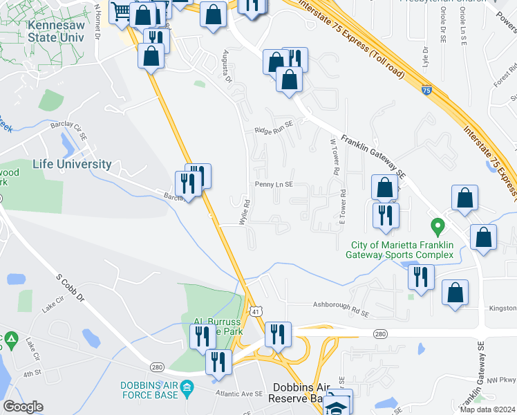 map of restaurants, bars, coffee shops, grocery stores, and more near 1722 Penny Lane Southeast in Marietta