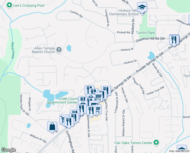 map of restaurants, bars, coffee shops, grocery stores, and more near 980 Laurel Springs Lane Southwest in Marietta
