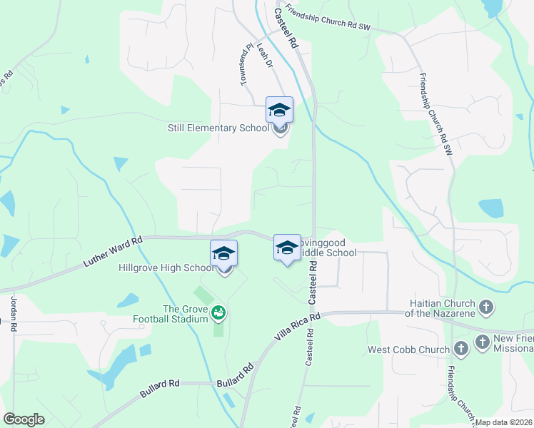 map of restaurants, bars, coffee shops, grocery stores, and more near 950 Casteel Road in Powder Springs