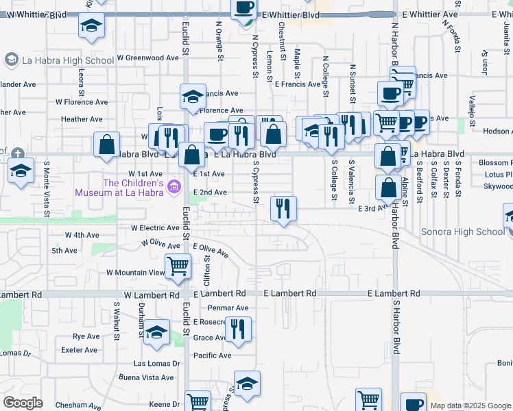 map of restaurants, bars, coffee shops, grocery stores, and more near 400 South Cypress Street in La Habra