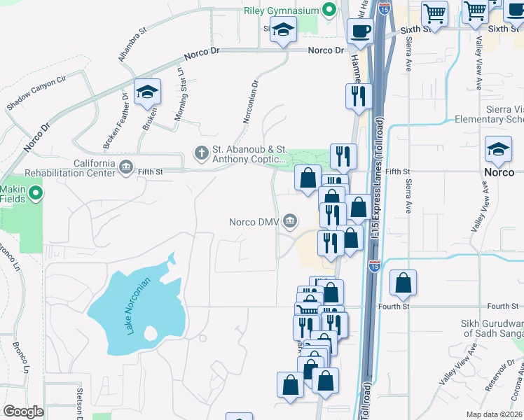 map of restaurants, bars, coffee shops, grocery stores, and more near 3300 Horseless Carriage Drive in Norco