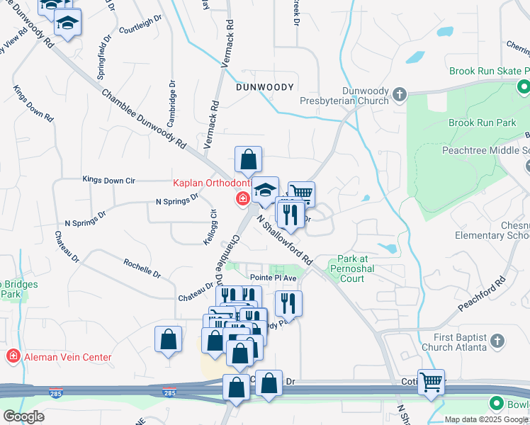 map of restaurants, bars, coffee shops, grocery stores, and more near 4685 Chamblee Dunwoody Road in Dunwoody