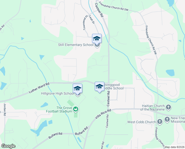 map of restaurants, bars, coffee shops, grocery stores, and more near 950 Casteel Road in Powder Springs