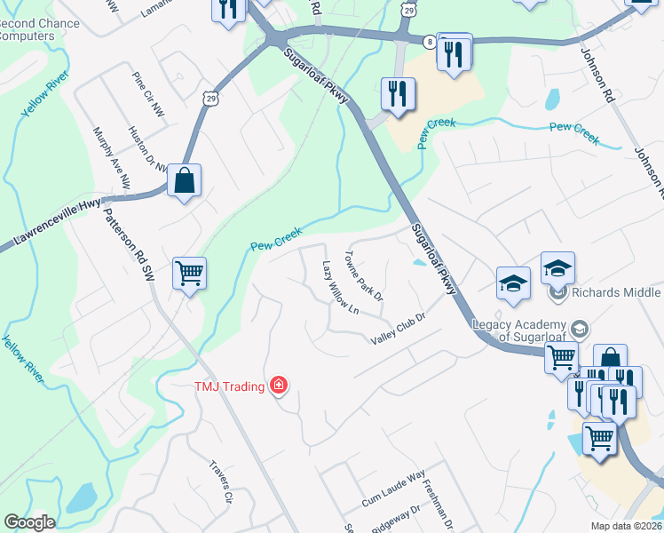 map of restaurants, bars, coffee shops, grocery stores, and more near 390 Lazy Willow Lane in Lawrenceville