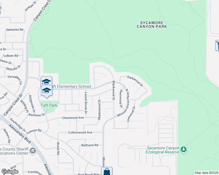 map of restaurants, bars, coffee shops, grocery stores, and more near 6726 Conifer Court in Riverside
