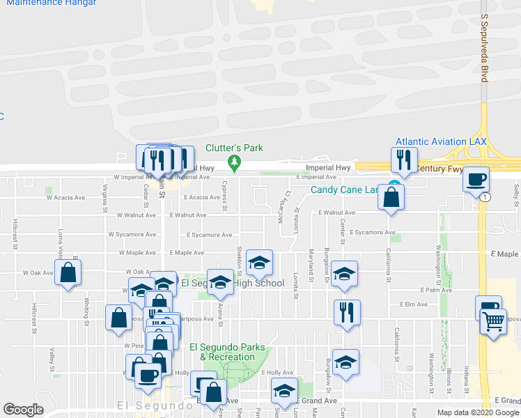 map of restaurants, bars, coffee shops, grocery stores, and more near 535 East Walnut Avenue in El Segundo