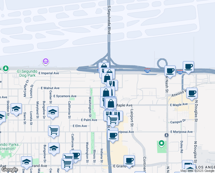 map of restaurants, bars, coffee shops, grocery stores, and more near 909n North Pacific Coast Highway in El Segundo