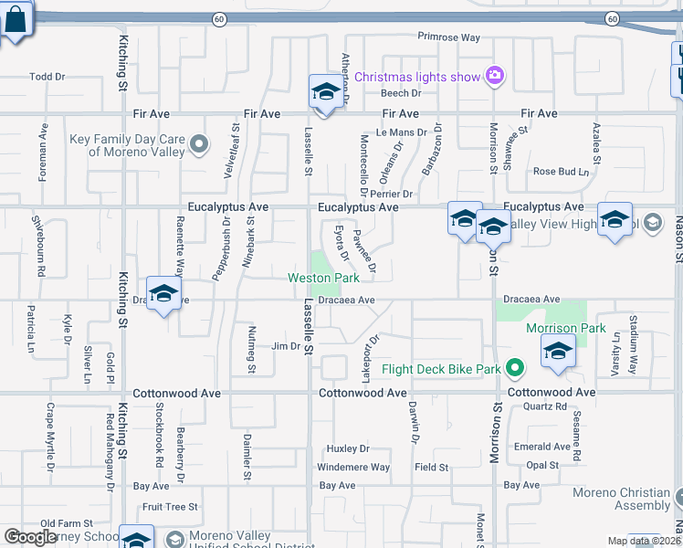 map of restaurants, bars, coffee shops, grocery stores, and more near 13210 Mohican Drive in Moreno Valley