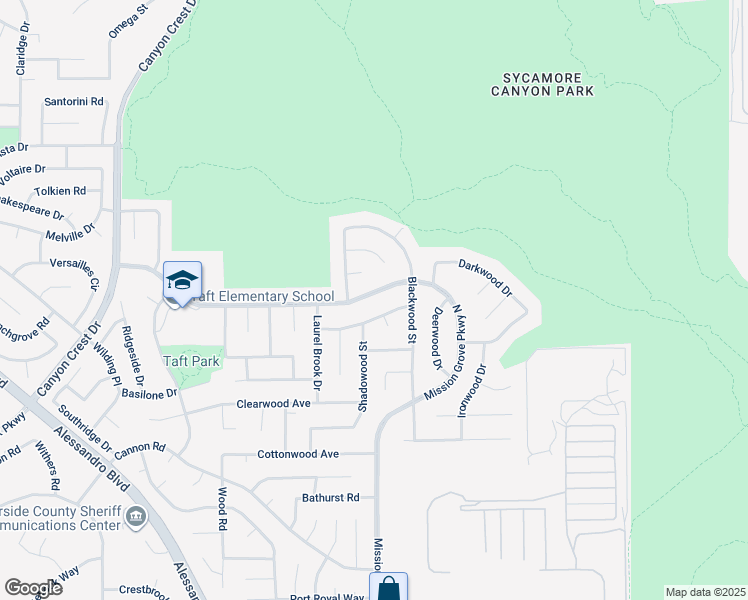 map of restaurants, bars, coffee shops, grocery stores, and more near 385 Mission Grove Parkway North in Riverside