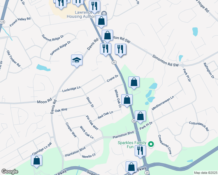 map of restaurants, bars, coffee shops, grocery stores, and more near 377 Black Oak Court in Lawrenceville
