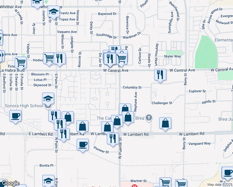 map of restaurants, bars, coffee shops, grocery stores, and more near 686 Wood Lake Drive in Brea