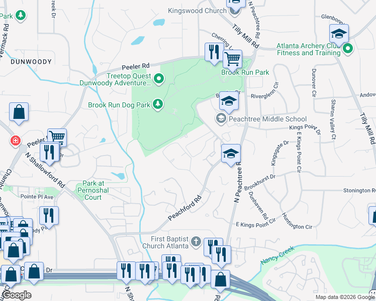 map of restaurants, bars, coffee shops, grocery stores, and more near 384 Barclay Lane in Dunwoody