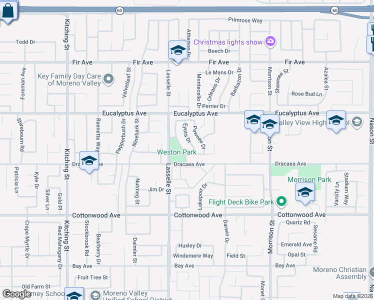 map of restaurants, bars, coffee shops, grocery stores, and more near 13210 Mohican Drive in Moreno Valley