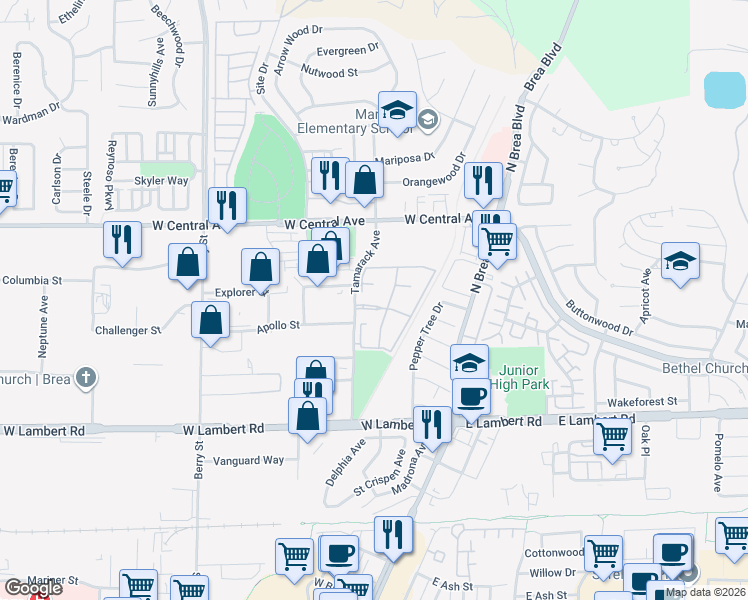map of restaurants, bars, coffee shops, grocery stores, and more near 650 Tamarack Avenue in Brea