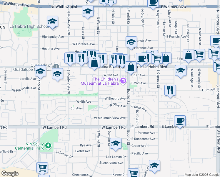 map of restaurants, bars, coffee shops, grocery stores, and more near 371 Portola Avenue in La Habra