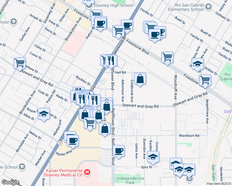 map of restaurants, bars, coffee shops, grocery stores, and more near 11714 Bellflower Boulevard in Downey