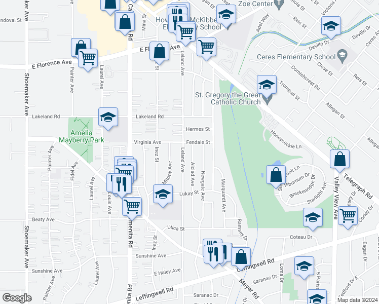 map of restaurants, bars, coffee shops, grocery stores, and more near 11223 Alclad Avenue in Whittier