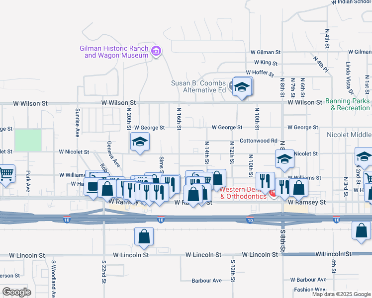 map of restaurants, bars, coffee shops, grocery stores, and more near 1551 West Nicolet Street in Banning
