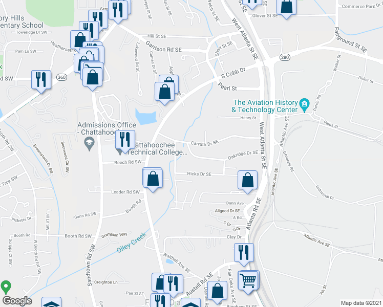 map of restaurants, bars, coffee shops, grocery stores, and more near 212 Oakridge Drive in Marietta