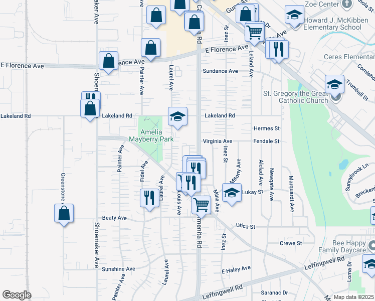 map of restaurants, bars, coffee shops, grocery stores, and more near 11201 Carmenita Road in Whittier