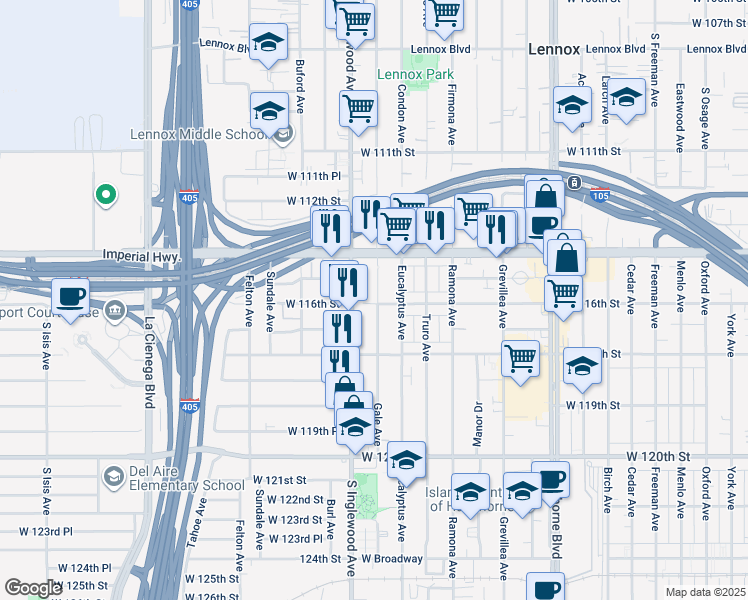 map of restaurants, bars, coffee shops, grocery stores, and more near 11439 Gale Avenue in Hawthorne
