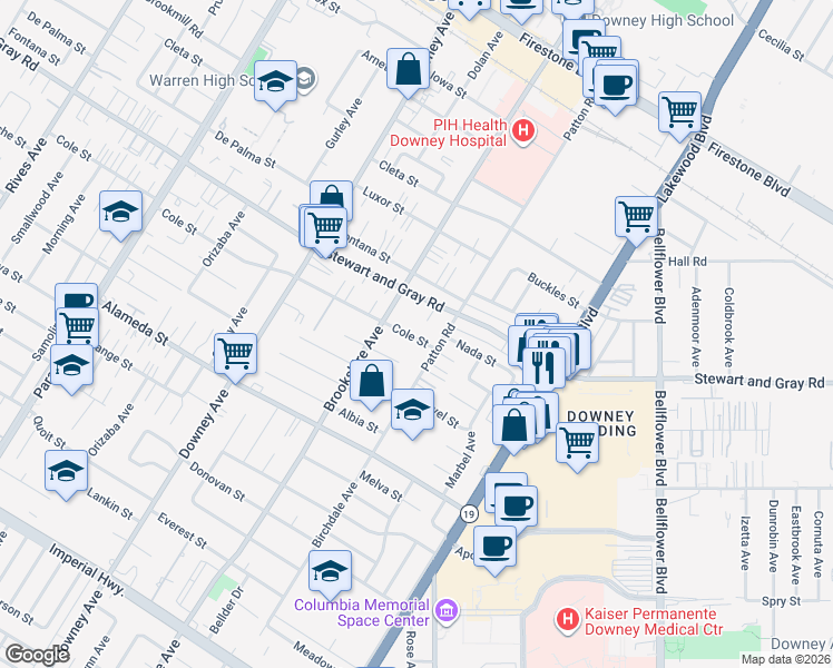 map of restaurants, bars, coffee shops, grocery stores, and more near 8537 Cole Street in Downey