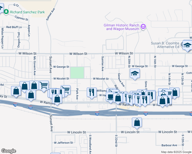 map of restaurants, bars, coffee shops, grocery stores, and more near 2501 West Nicolet Street in Banning