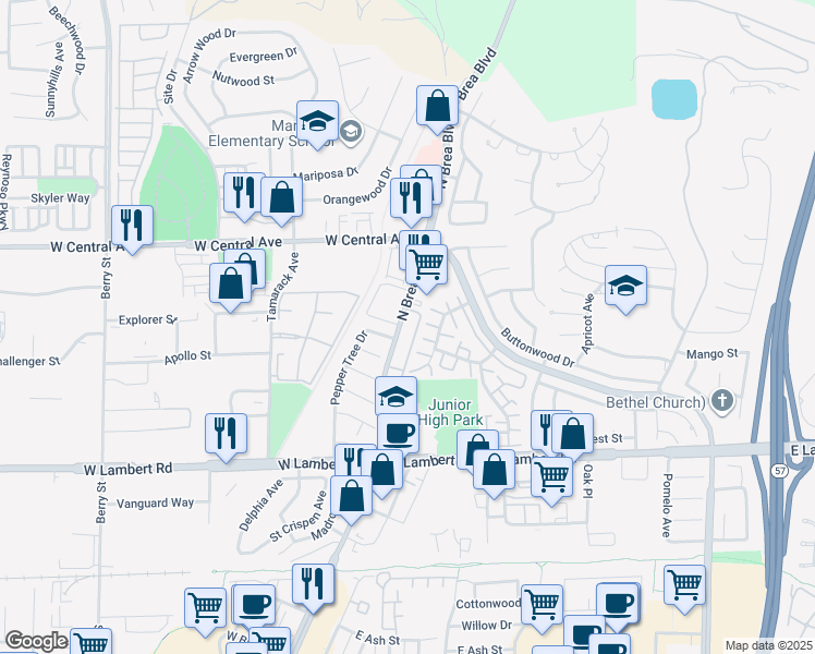 map of restaurants, bars, coffee shops, grocery stores, and more near 620 North Brea Boulevard in Brea