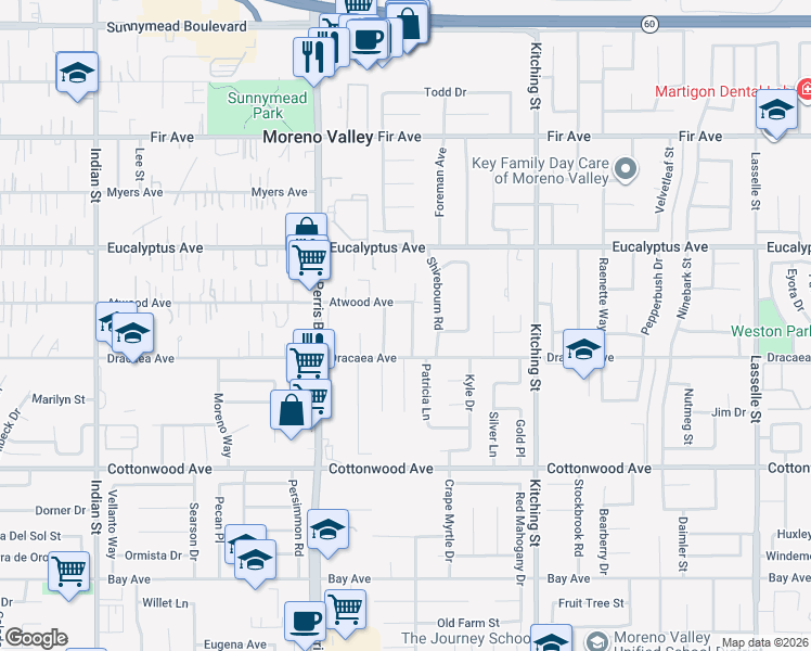 map of restaurants, bars, coffee shops, grocery stores, and more near 13183 Tacoma Street in Moreno Valley