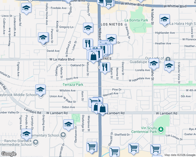 map of restaurants, bars, coffee shops, grocery stores, and more near in La Habra