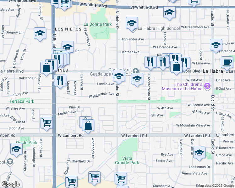 map of restaurants, bars, coffee shops, grocery stores, and more near 360 South Idaho Street in La Habra