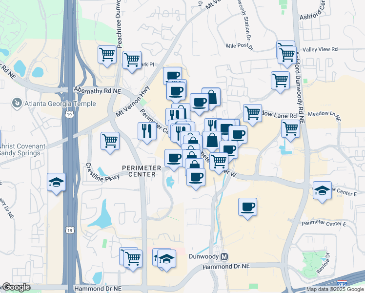 map of restaurants, bars, coffee shops, grocery stores, and more near 1165 Perimeter Center West in Atlanta