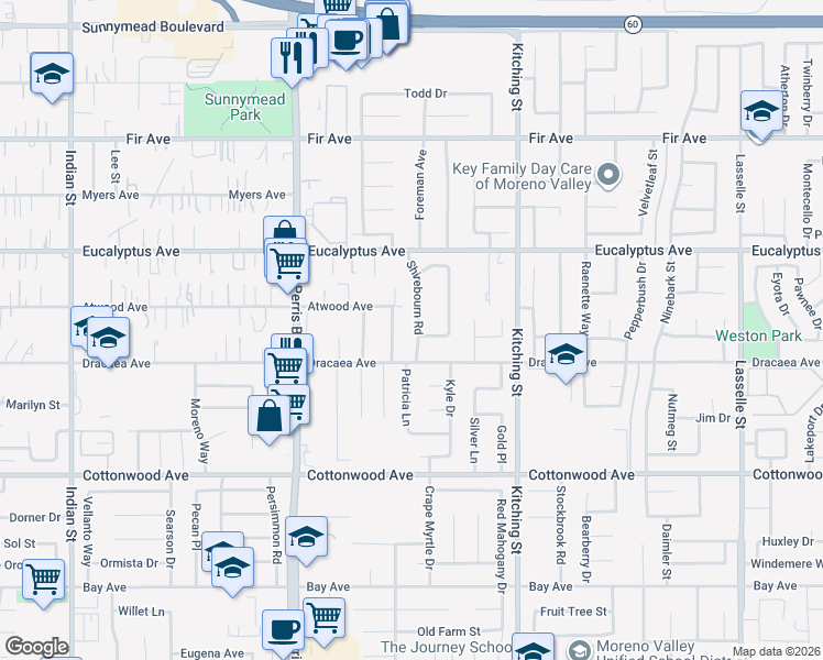 map of restaurants, bars, coffee shops, grocery stores, and more near 13181 Shirebourn Road in Moreno Valley