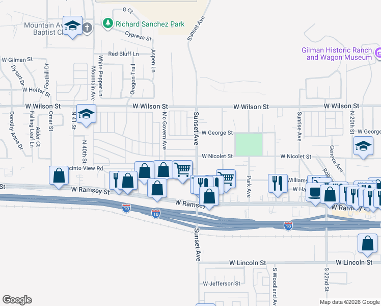 map of restaurants, bars, coffee shops, grocery stores, and more near 3247 West Nicolet Street in Banning