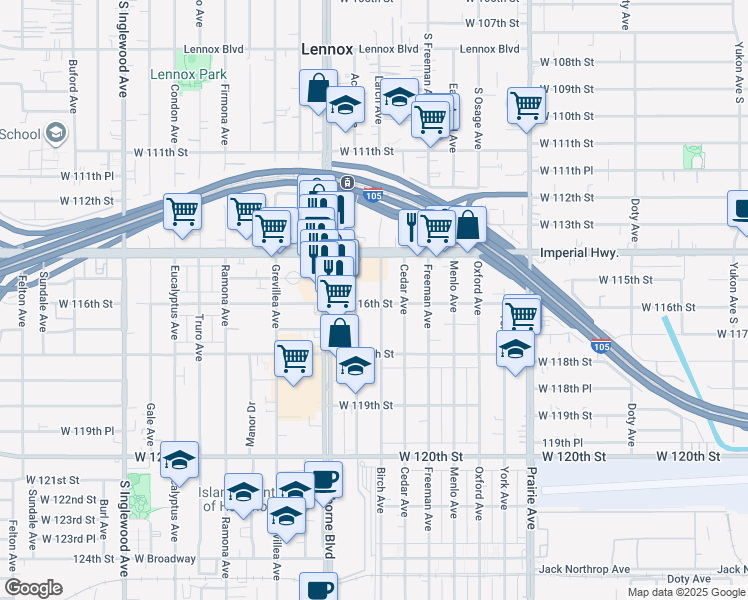 map of restaurants, bars, coffee shops, grocery stores, and more near 11440 Birch Avenue in Hawthorne