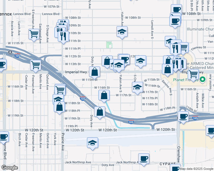 map of restaurants, bars, coffee shops, grocery stores, and more near 3636 West Imperial Highway in Inglewood