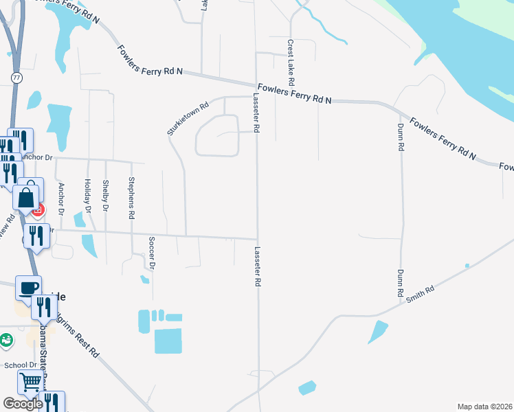 map of restaurants, bars, coffee shops, grocery stores, and more near 1610 Lasseter Road in Southside