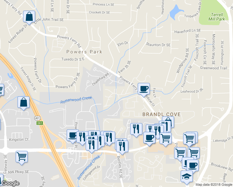 map of restaurants, bars, coffee shops, grocery stores, and more near 885 Cedar Creek North in Marietta