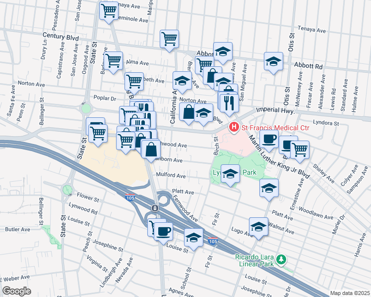 map of restaurants, bars, coffee shops, grocery stores, and more near 3534 Beechwood Avenue in Lynwood