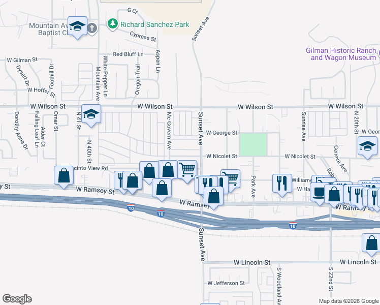 map of restaurants, bars, coffee shops, grocery stores, and more near 3321 Sunset Avenue in Banning
