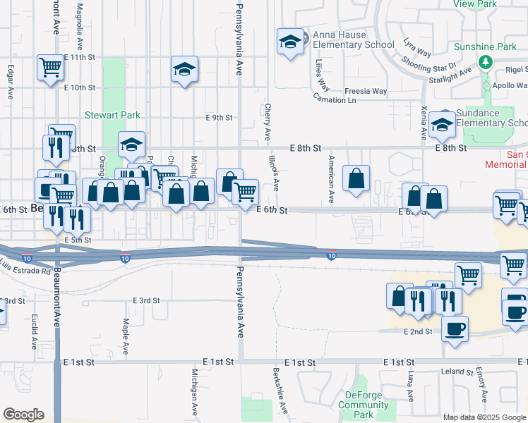 map of restaurants, bars, coffee shops, grocery stores, and more near 1257 East 6th Street in Beaumont