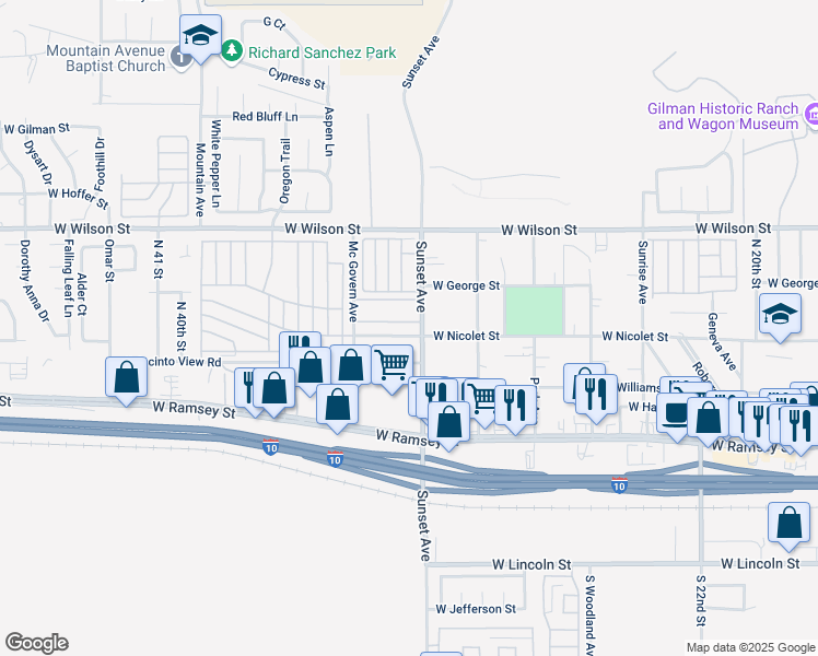 map of restaurants, bars, coffee shops, grocery stores, and more near 3247 West Nicolet Street in Banning