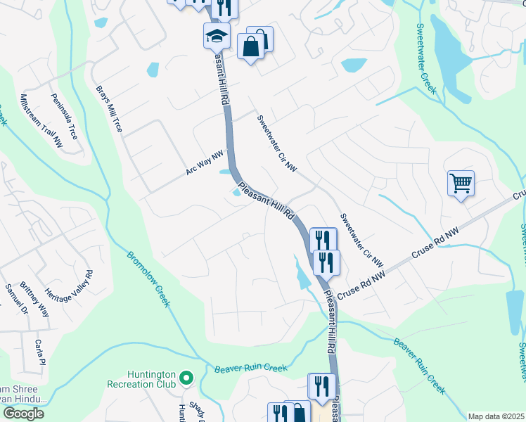 map of restaurants, bars, coffee shops, grocery stores, and more near 1063 Pleasant Hill Road in Lawrenceville