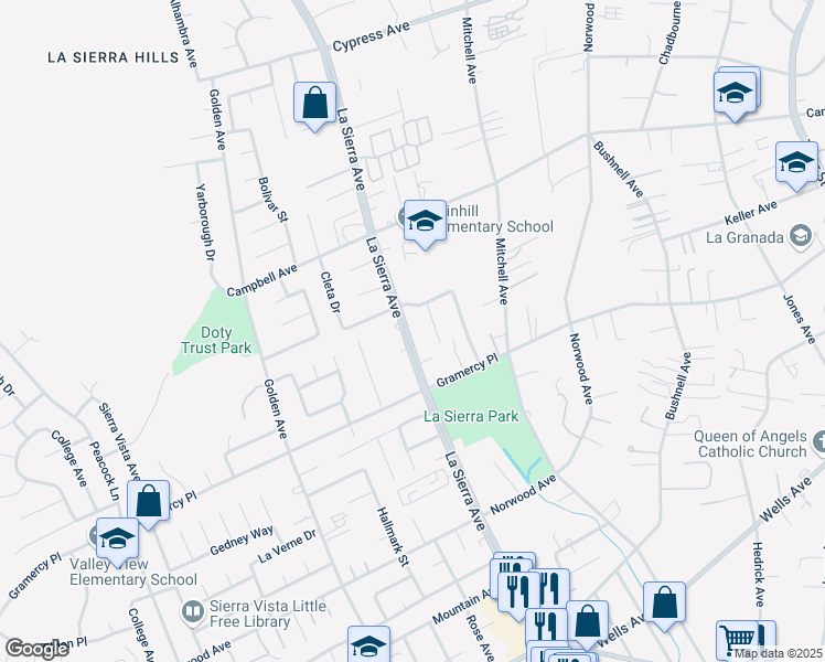 map of restaurants, bars, coffee shops, grocery stores, and more near 5415 La Sierra Avenue in Riverside