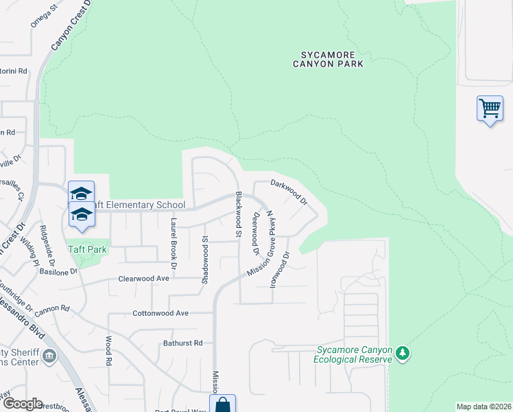 map of restaurants, bars, coffee shops, grocery stores, and more near 6717 Mission Grove Parkway North in Riverside