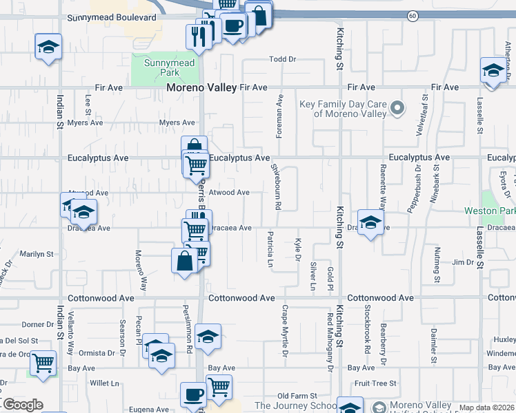 map of restaurants, bars, coffee shops, grocery stores, and more near 13128 Bencliff Avenue in Moreno Valley
