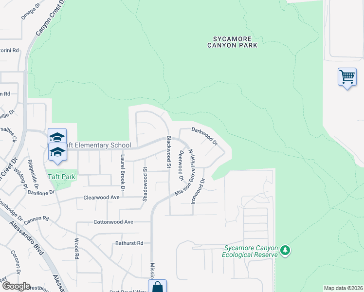 map of restaurants, bars, coffee shops, grocery stores, and more near 6696 Mission Grove Parkway North in Riverside