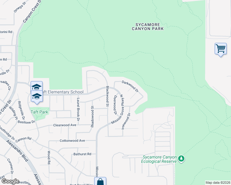 map of restaurants, bars, coffee shops, grocery stores, and more near 6696 Mission Grove Parkway North in Riverside