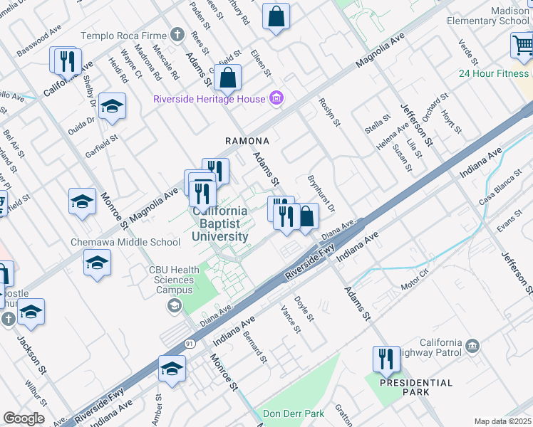 map of restaurants, bars, coffee shops, grocery stores, and more near 3668 Adams Street in Riverside