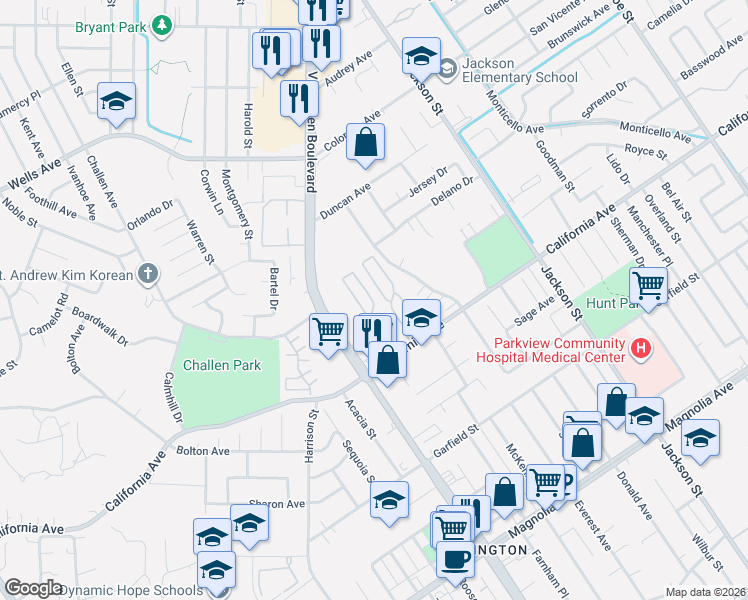 map of restaurants, bars, coffee shops, grocery stores, and more near 9391 California Avenue in Riverside